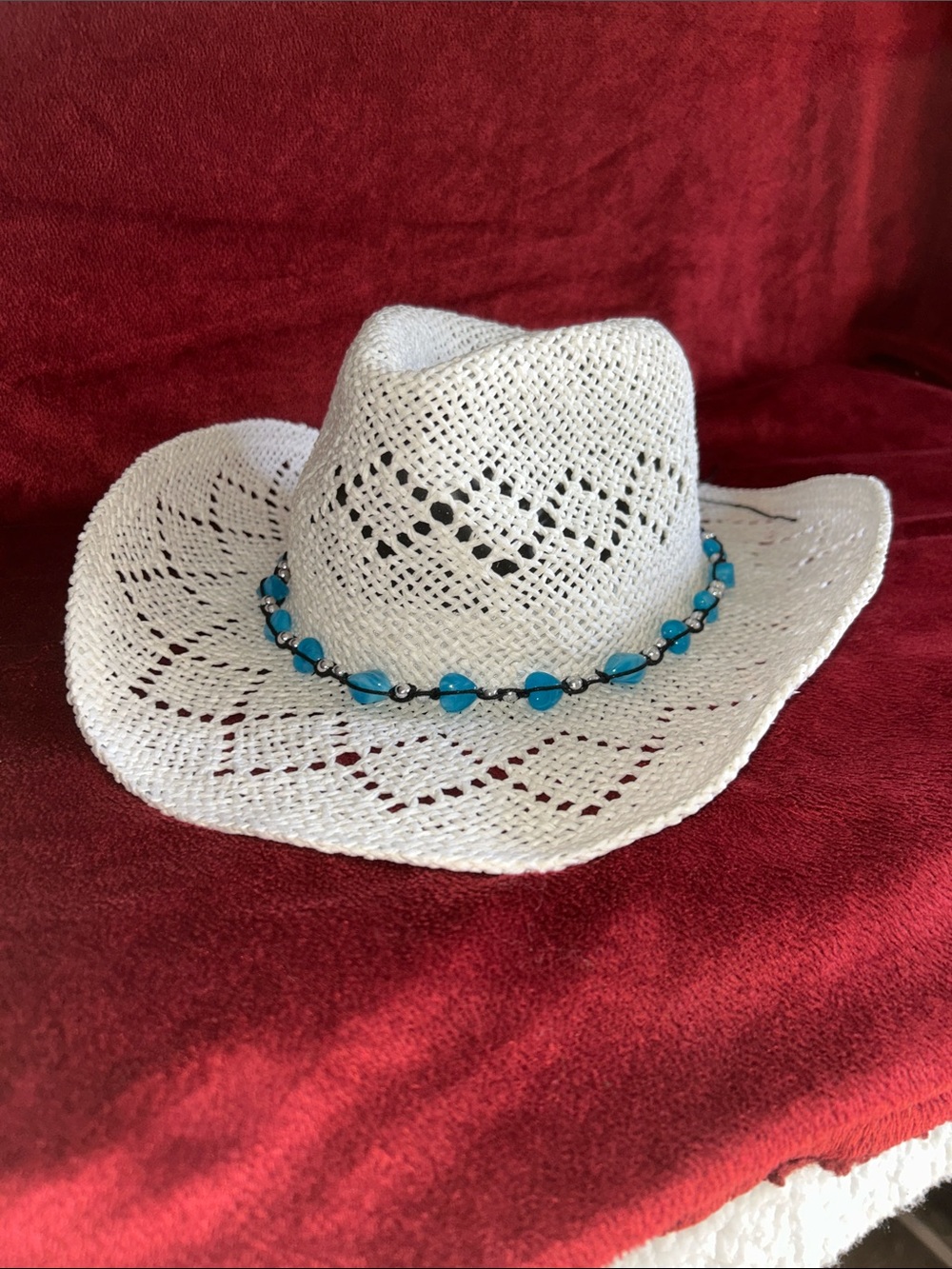 White Straw Cowboy Hat with Turquoise Bead Band size Large